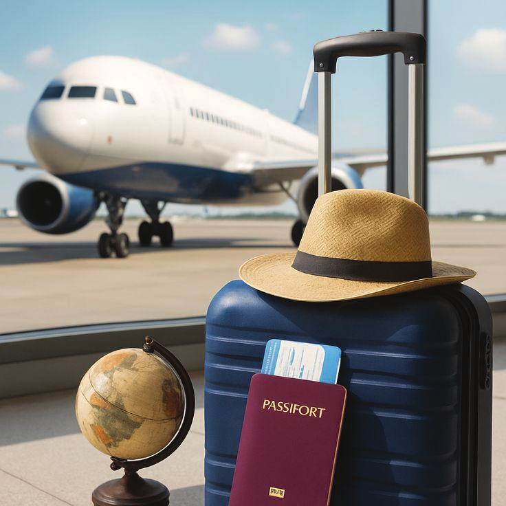 Traveller's luggage and passport at the airport with an aircraft in the background